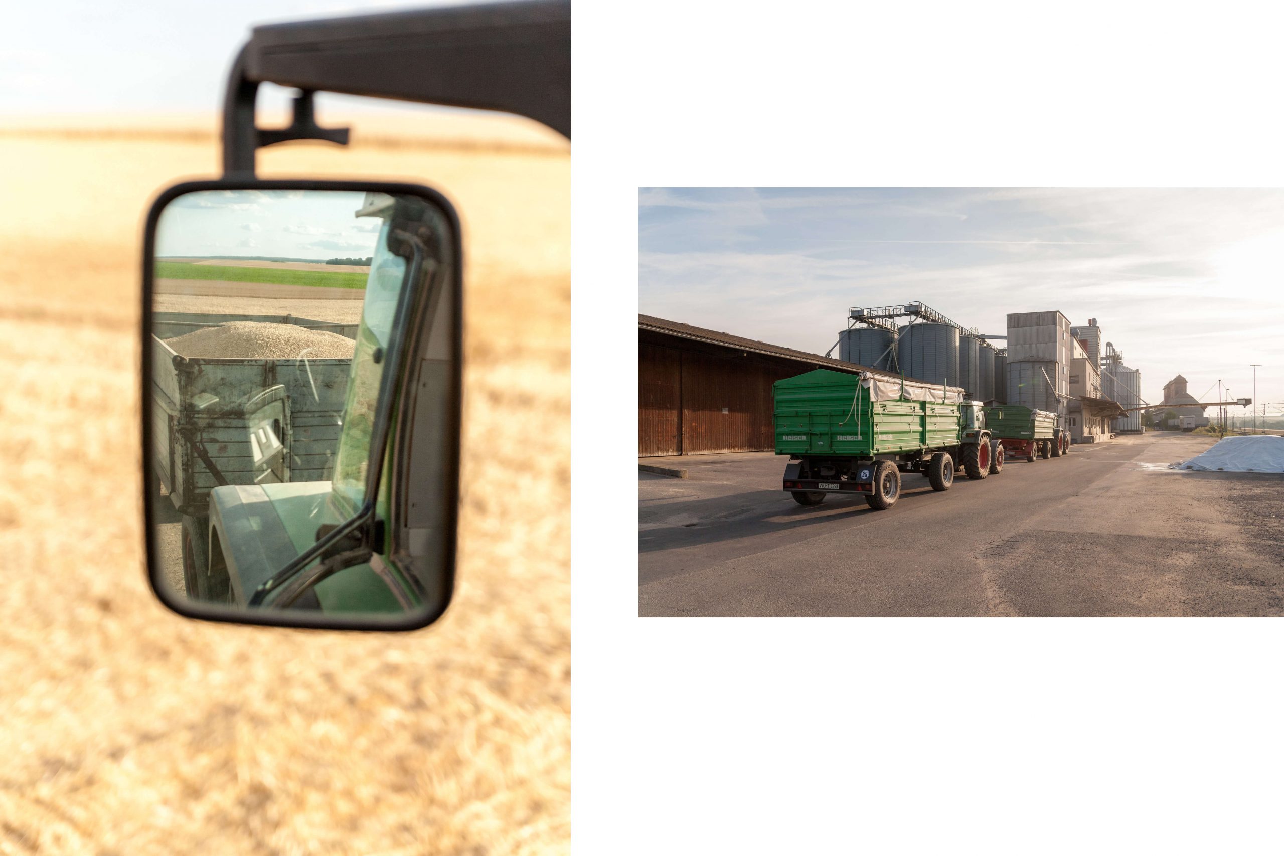 Blick auf die Ernte im Rückspiegel. Die Traktoren stehen zum Verkauf der Ernte an.